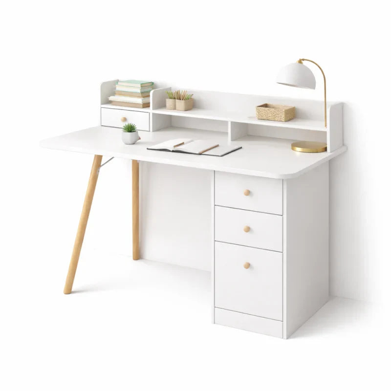 Escritorio Nórdico Blanco con Estantería y 3 Cajones, escritorio para home office y estudio con diseño moderno y amplio espacio de organización.