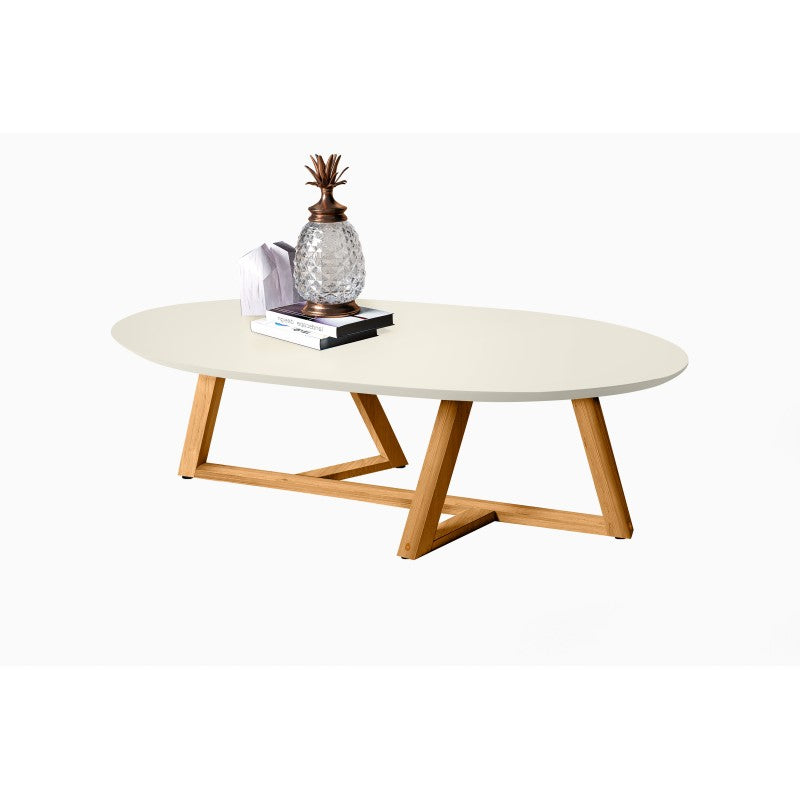 Mesa de centro moderna color blanco con estructura y patas de madera natural. Mesa para living de estilo nórdico, ideal para decorar salas de estar, departamentos y espacios contemporáneos.