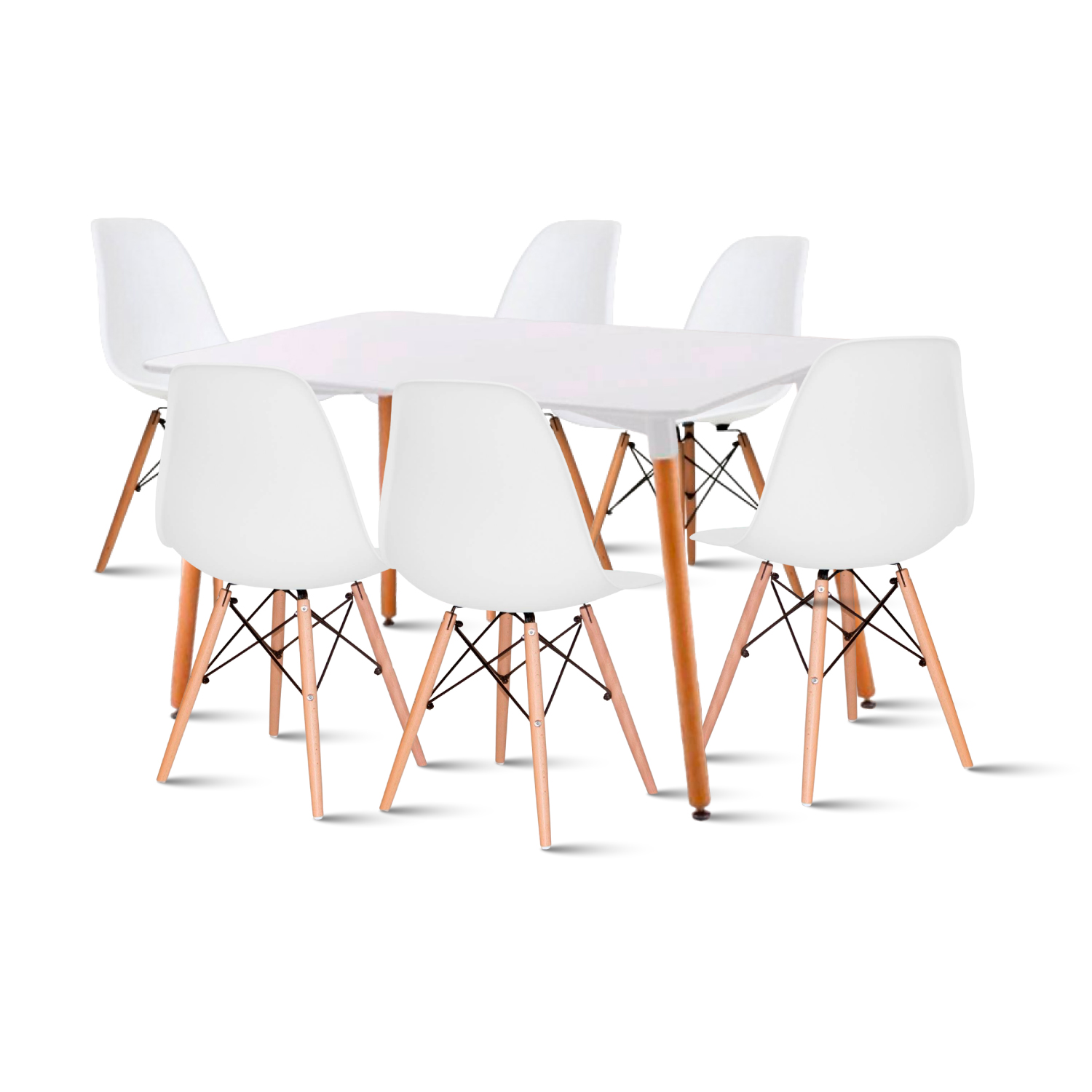 Comedor Mesa de 120x80 Rectangular Blanca + 6 Sillas Eames - Blancas