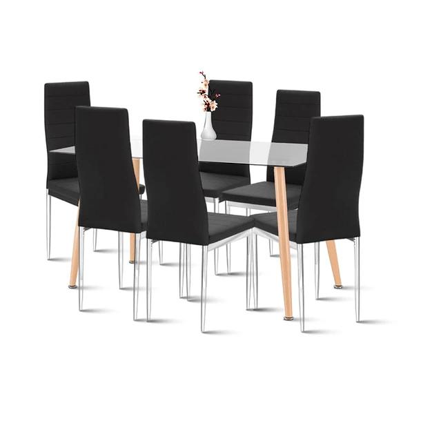 Comedor Mesa de Vidrio Rectangular 120x80 + 6 Sillas Dining Liana Acolchadas - Negras