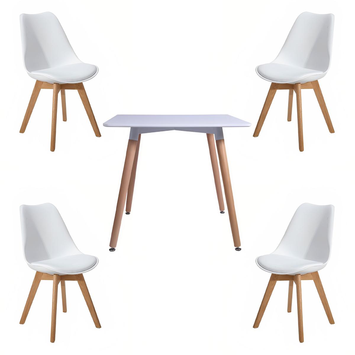 Comedor Mesa Cuadrada Blanca + 4 Sillas Tulip Acolchadas Blancas