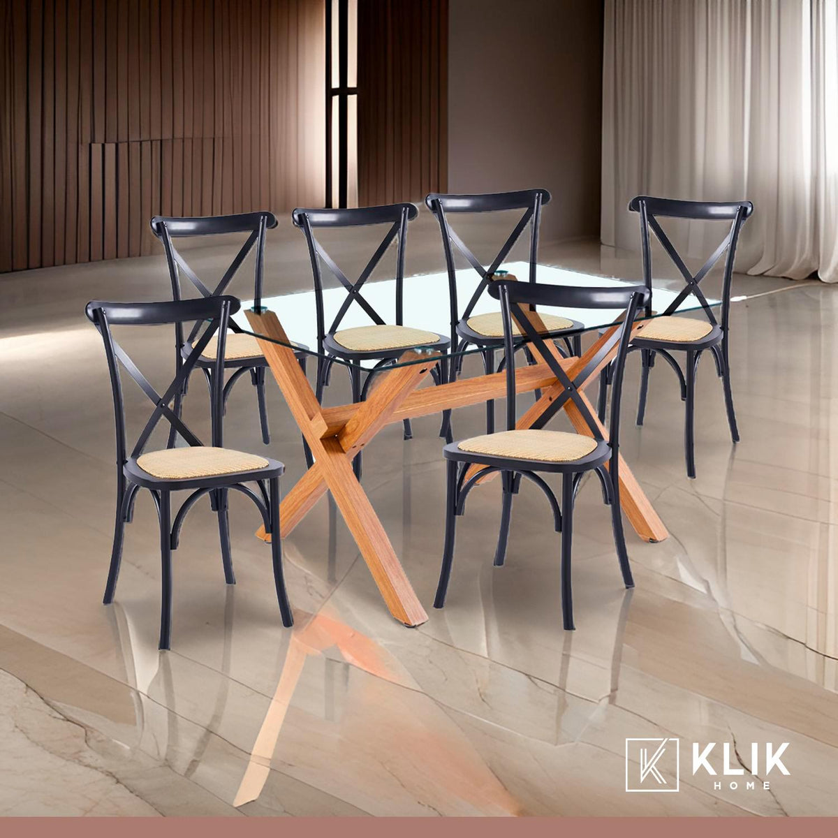 Comedor mesa de vidrio cross 140x90 + 6 sillas Crossback Madera Negras