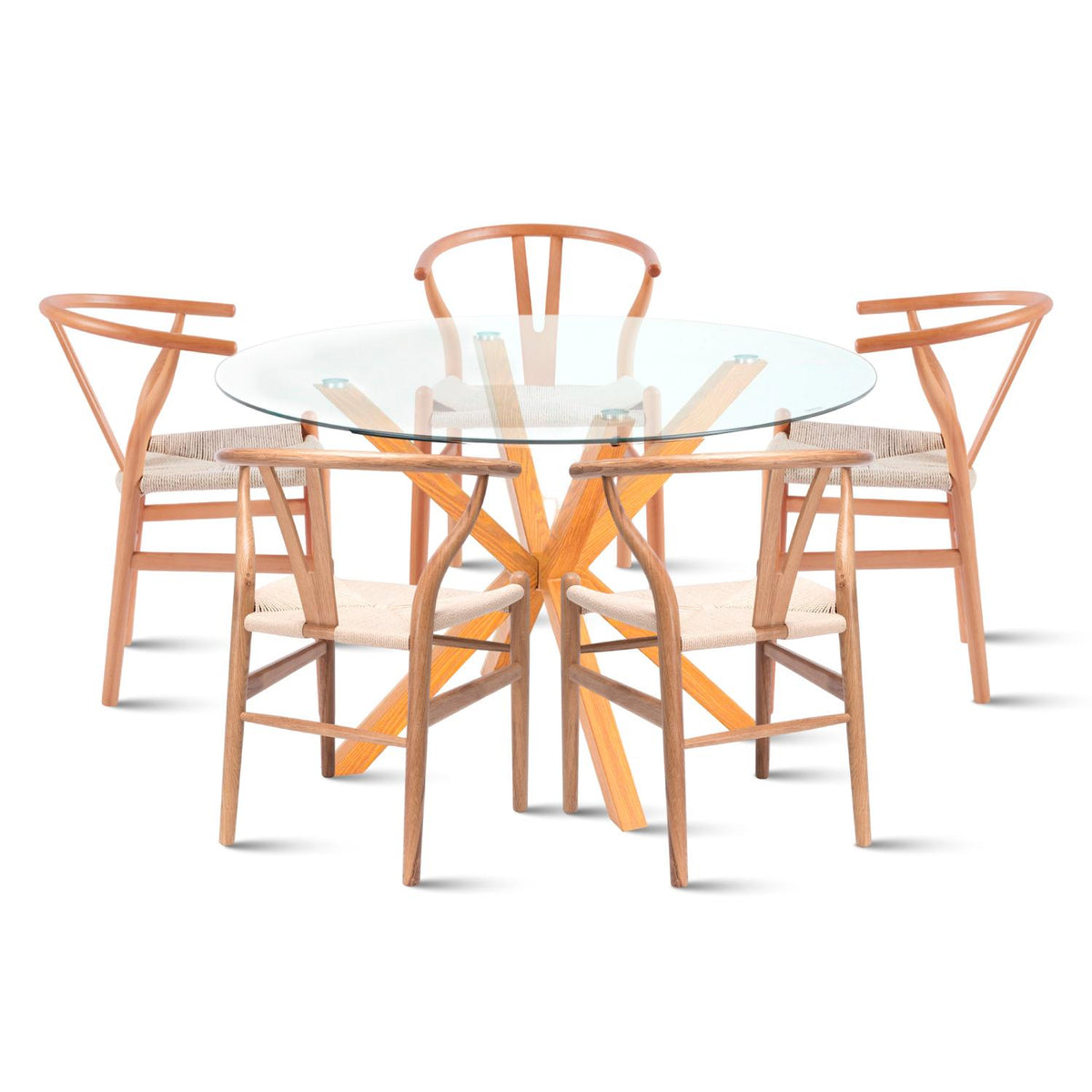 Comedor Mesa redonda de vidrio Cross 120cm + 5 Sillas Wishbone Madera