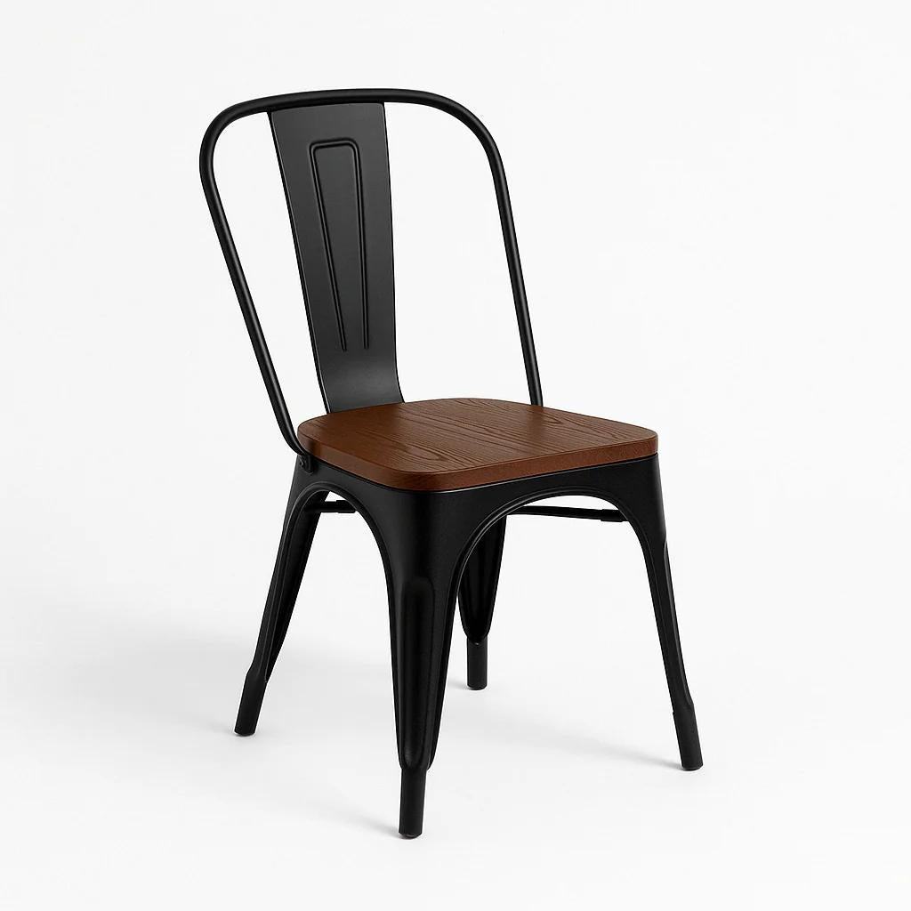 Silla Tolix de Comedor o Terraza Exterior con asiento de Madera Oscura Walnut - Negra
