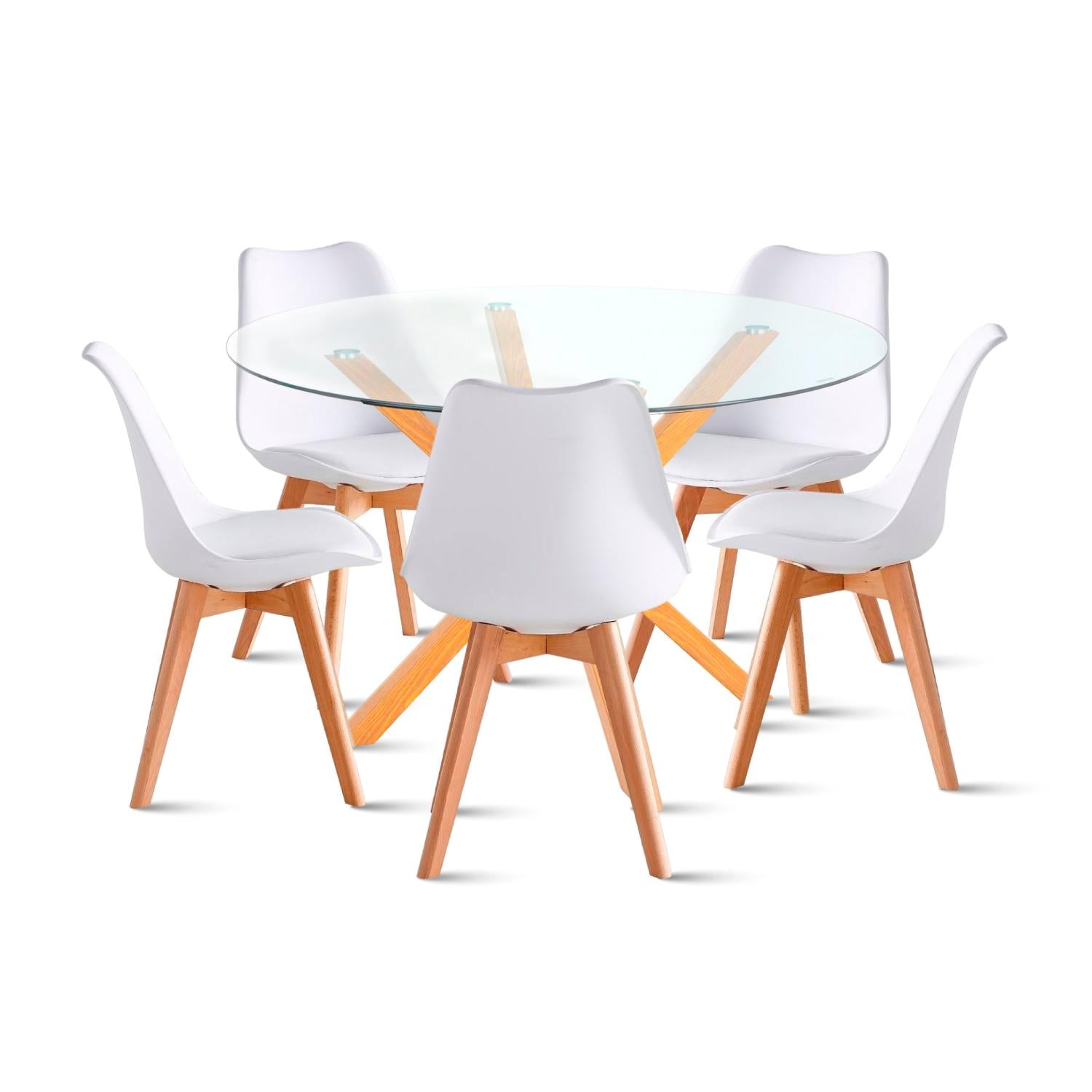 Comedor redondo de vidrio Cross 120cm + 5 Silla Tulip Acolchada - Blanca