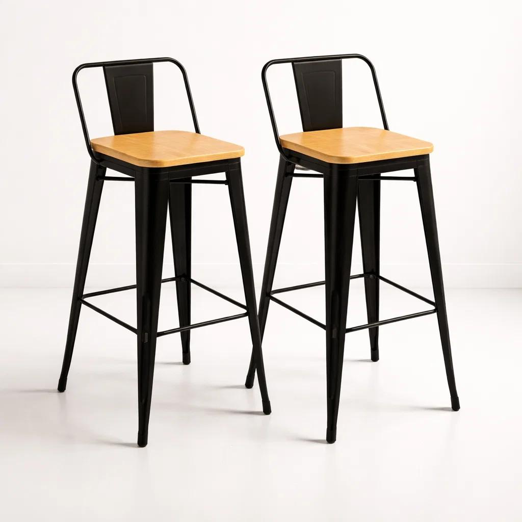 Pack de 2 Taburetes Tolix Con Asiento De Madera Clara - Negros