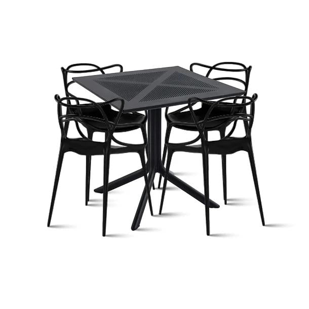 Mesa restaurant 80x80 Polipropileno + 4 Sillas Master Negras