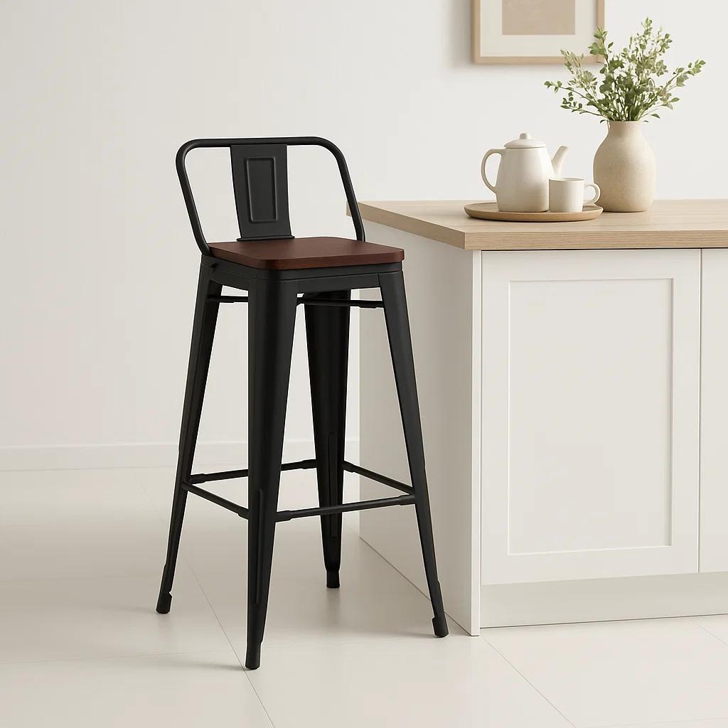 Taburete Tolix Negro Alto con Respaldo para bar o terraza - Asiento de Madera Oscura Walnut
