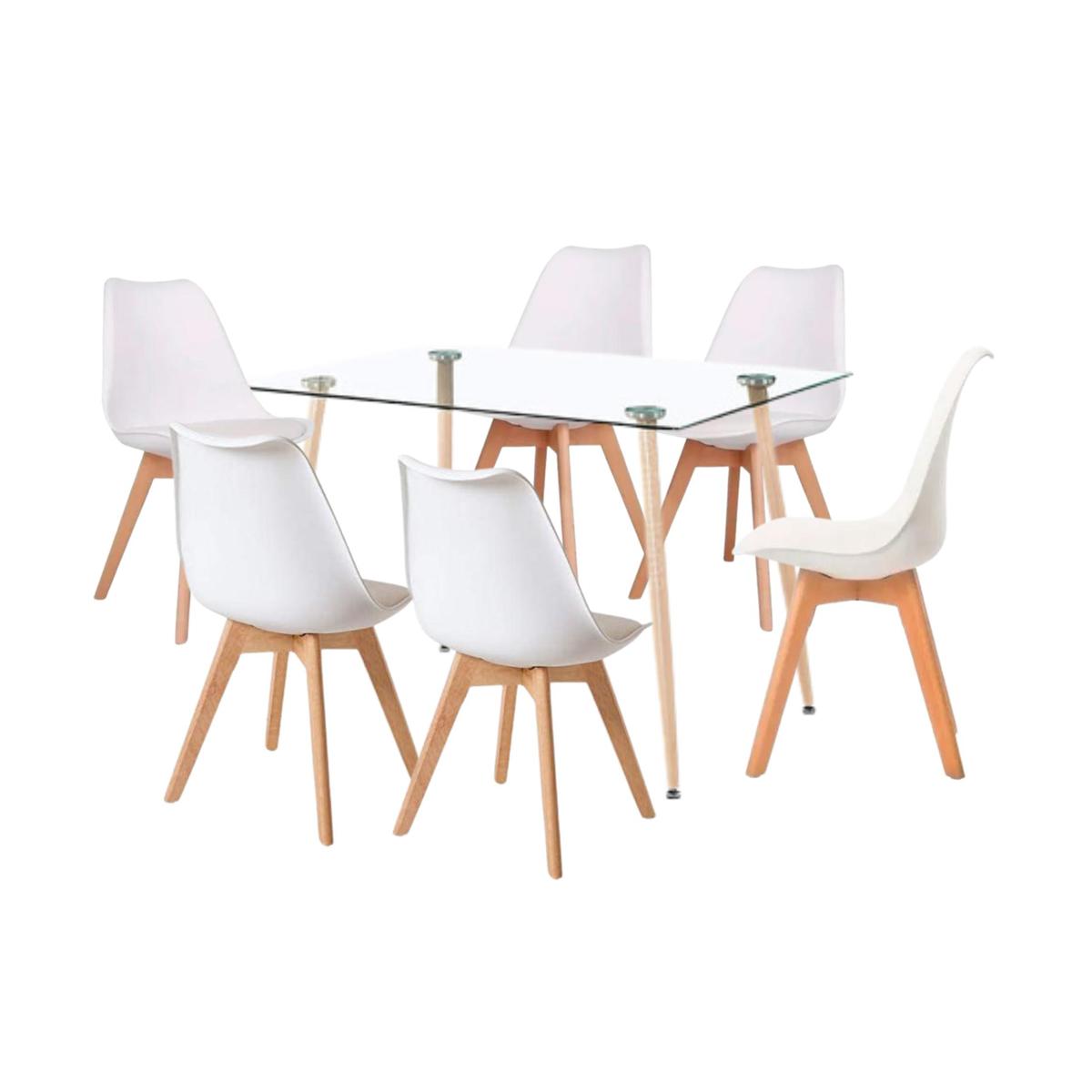 Comedor Mesa de Vidrio Rectangular 120x80 + 6 Sillas Tulip Blancas