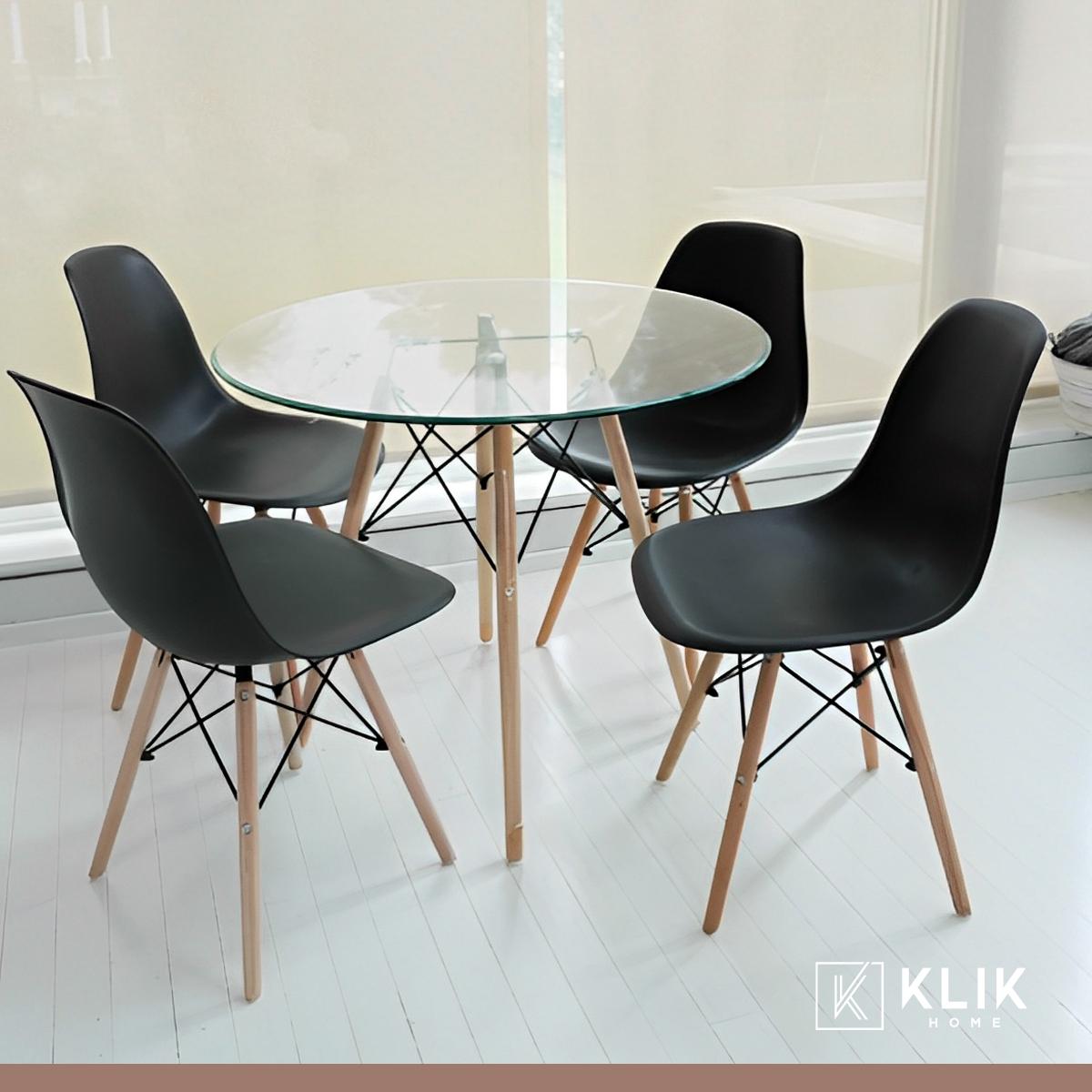 Comedor Mesa Eames Vidrio 80cm + 4 Sillas Eames Negras