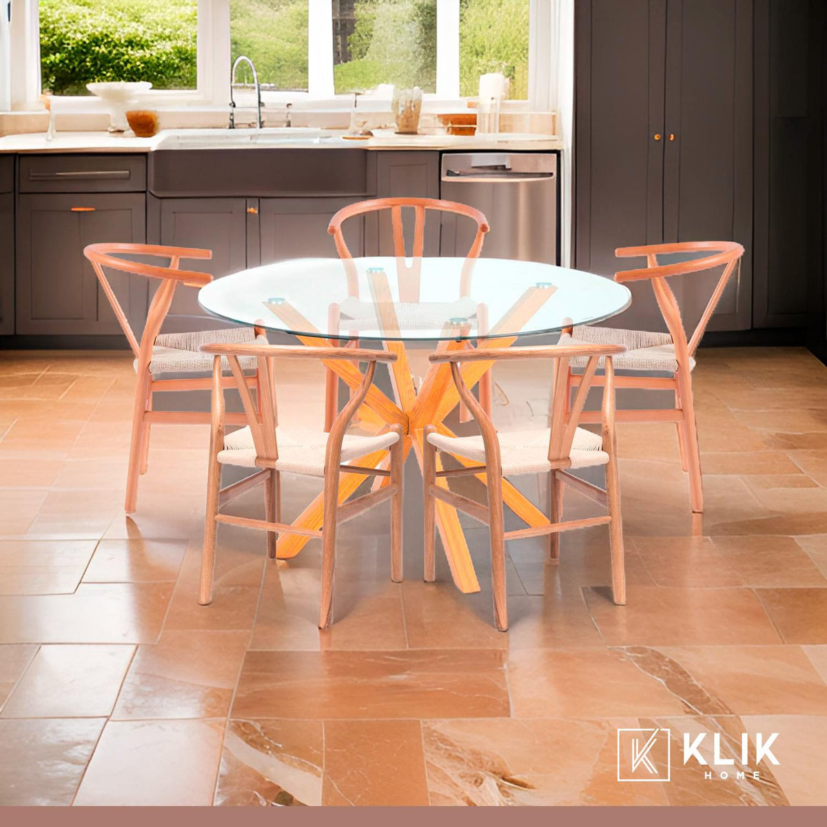 Comedor Mesa redonda de vidrio Cross 120cm + 5 Sillas Wishbone Madera