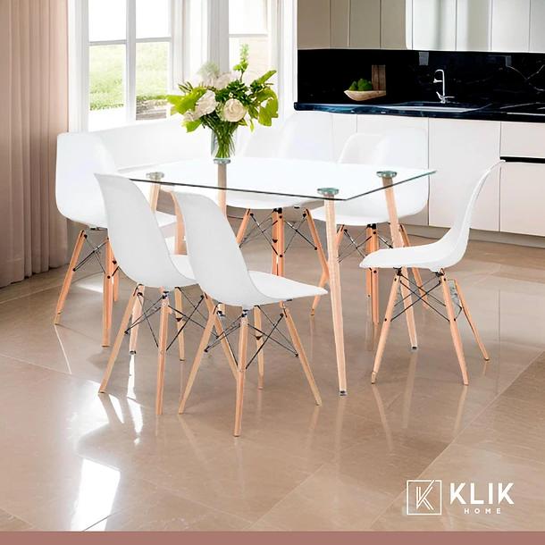 Comedor Mesa de Vidrio Rectangular 120x80 + 6 Sillas Eames Blancas