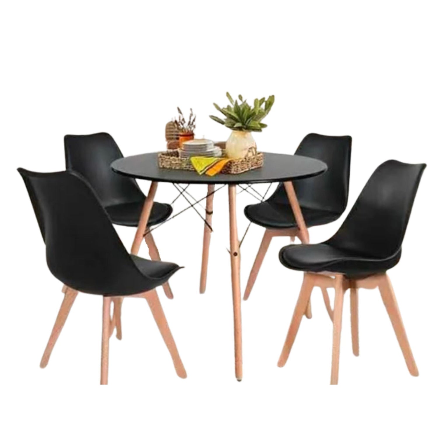 Comedor Eames negro redondo 80cm - 4 Sillas tulip negras