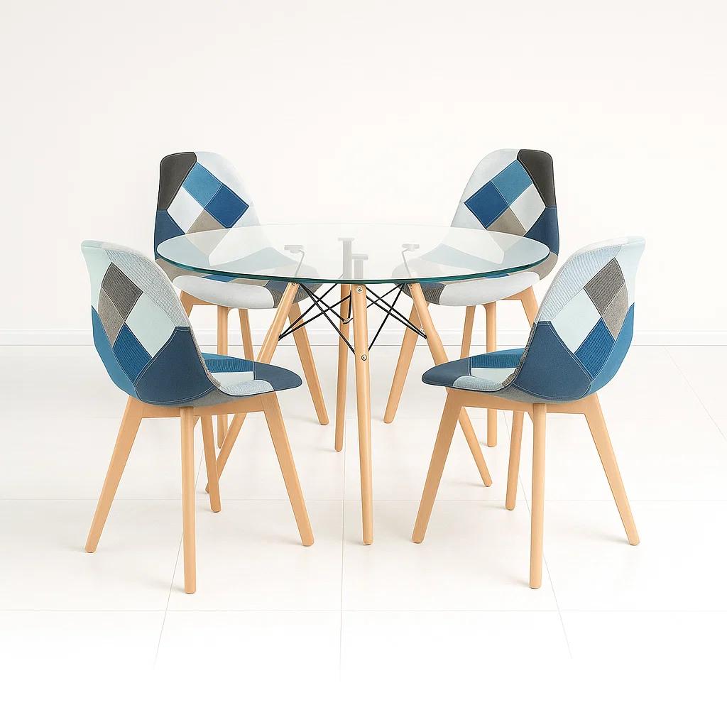 Comedor Mesa Eames Redonda vidrio 100cm + 4 Sillas Eames Patchwork Tela Wood Celeste