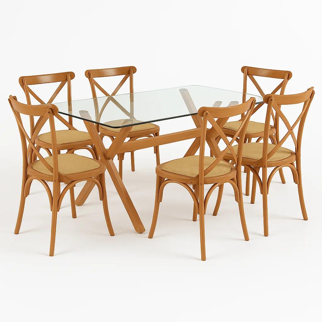 Comedor mesa de vidrio cross 140x90 + 6 sillas Crossback Madera