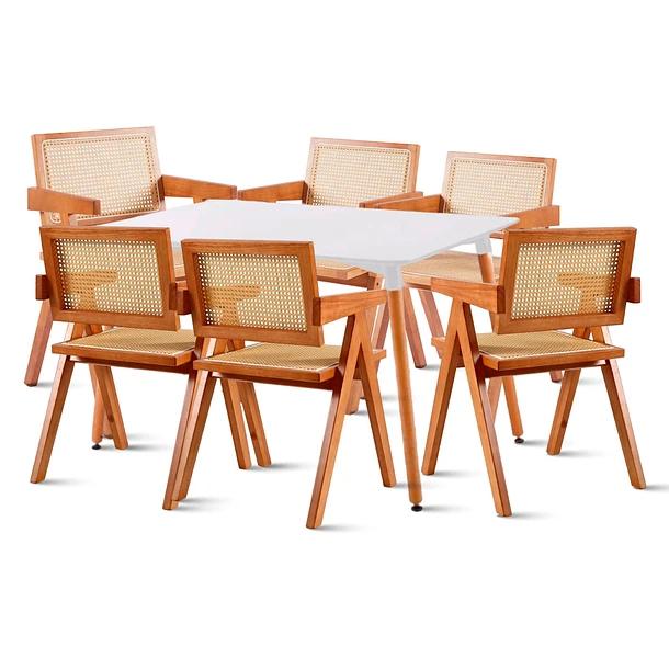 Comedor Rectangular de 120x80 Blanca + 6 Butaca Chandigarh Madera