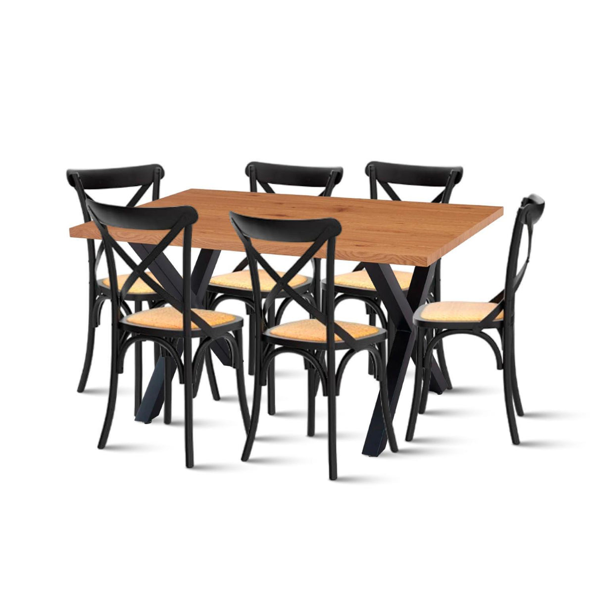 Comedor Mesa Color Madera y Metal Cross 140x90 + 6 Sillas Crossback Madera Rattan Negra