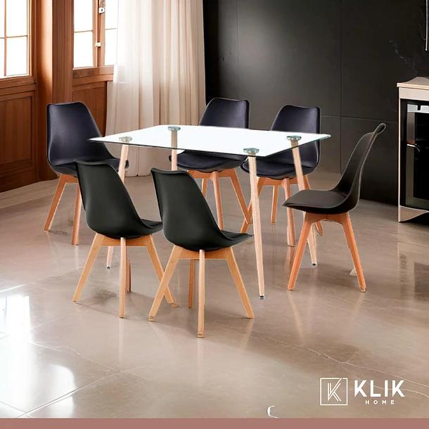 Comedor Mesa de Vidrio Rectangular 120x80 + 6 Sillas Tulip Negras