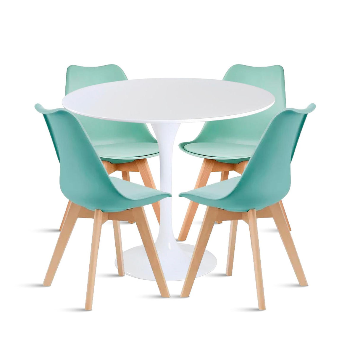 Comedor Mesa Tulip Blanca + 4 Sillas Tulip Acolchada - Menta