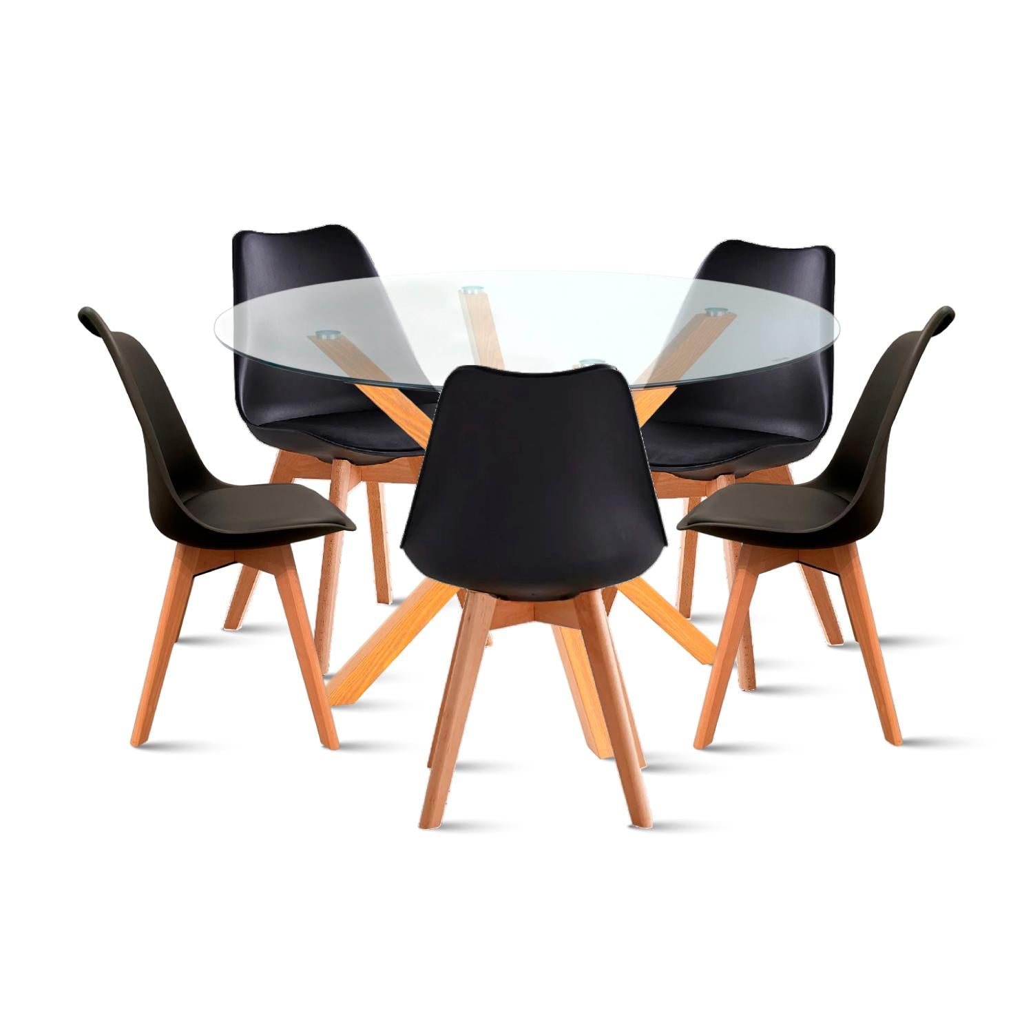 Comedor redondo de vidrio Cross 120cm + 5 Silla Tulip Acolchada - Negra