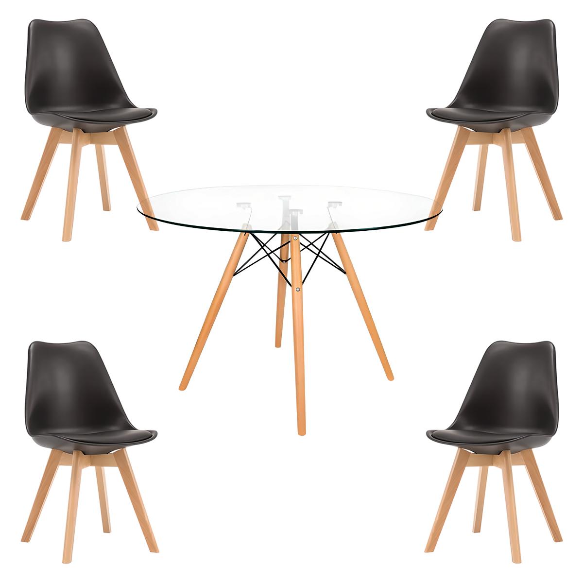 Comedor Mesa Eames Vidrio 100 cm + 4 Sillas Tulip Negras