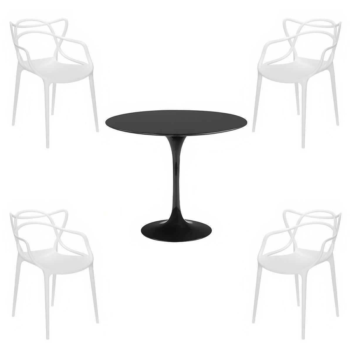 Comedor Tulip Negro 80cm - 4 Sillas Master blancas
