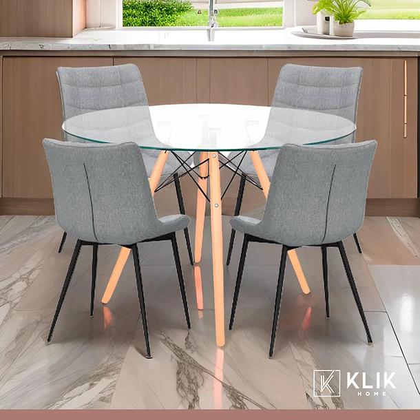 Comedor Mesa Eames 80cm redonda vidrio + 4 Silla Macron Terciopelo - Gris