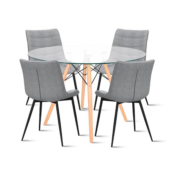 Comedor Mesa Eames 80cm redonda vidrio + 4 Silla Macron Terciopelo - Gris