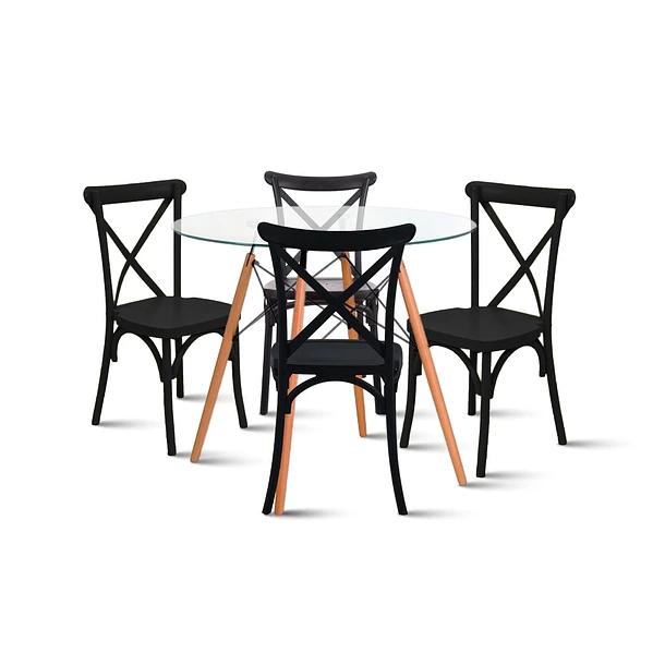Comedor Mesa Eames Vidrio 80cm + 4 Sillas Crossback Negras