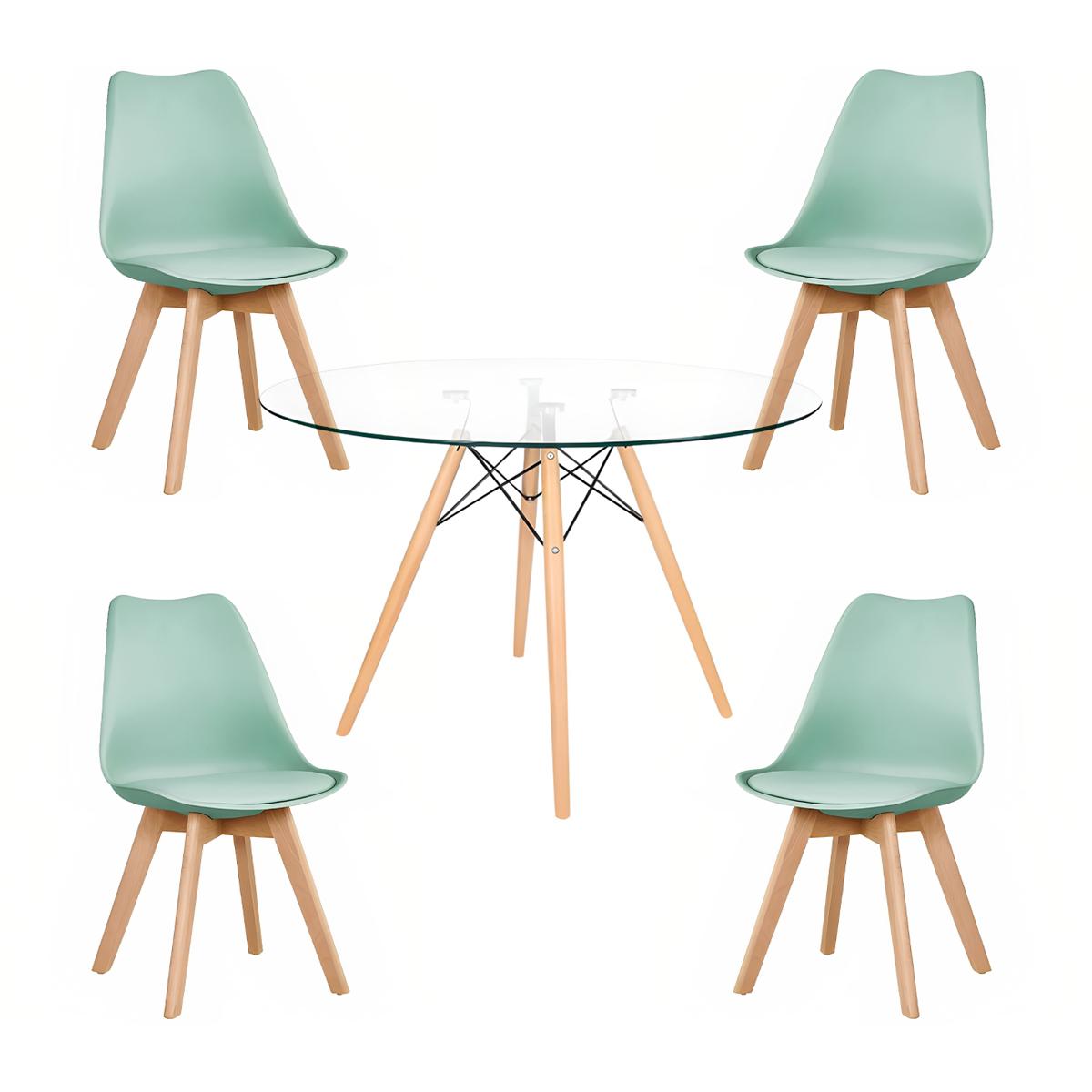 Comedor Mesa Eames Vidrio 100 cm + 4 Sillas Tulip Menta