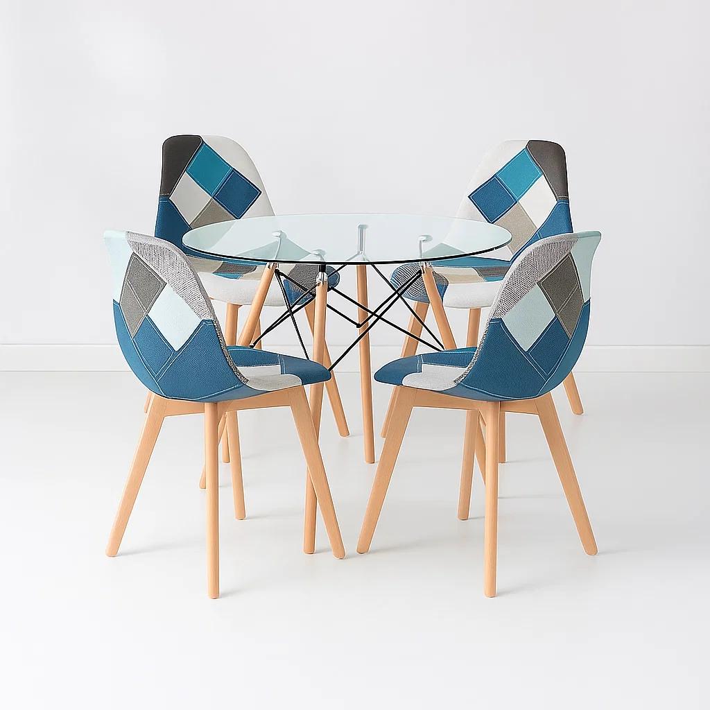 Comedor Mesa Eames Redonda vidrio 80cm + 4 Sillas Eames Patchwork Tela Wood Celeste