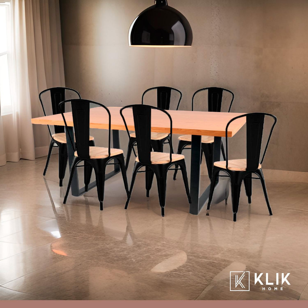 Comedor Estilo Industrial 160x90 Madera Clara + 6 sillas Tolix Negras con asiento de madera Clara