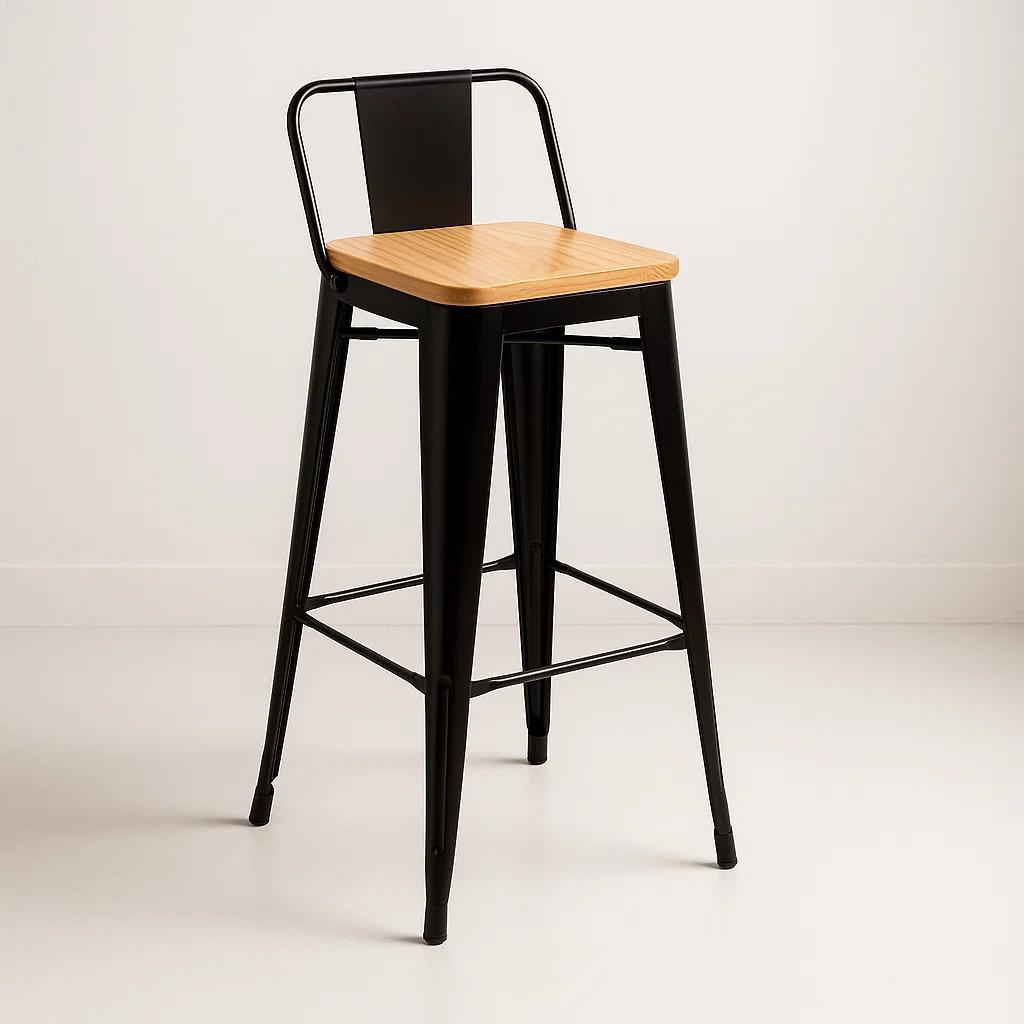 Taburete Tolix Negro Alto con Respaldo para bar o terraza - Asiento de madera Clara