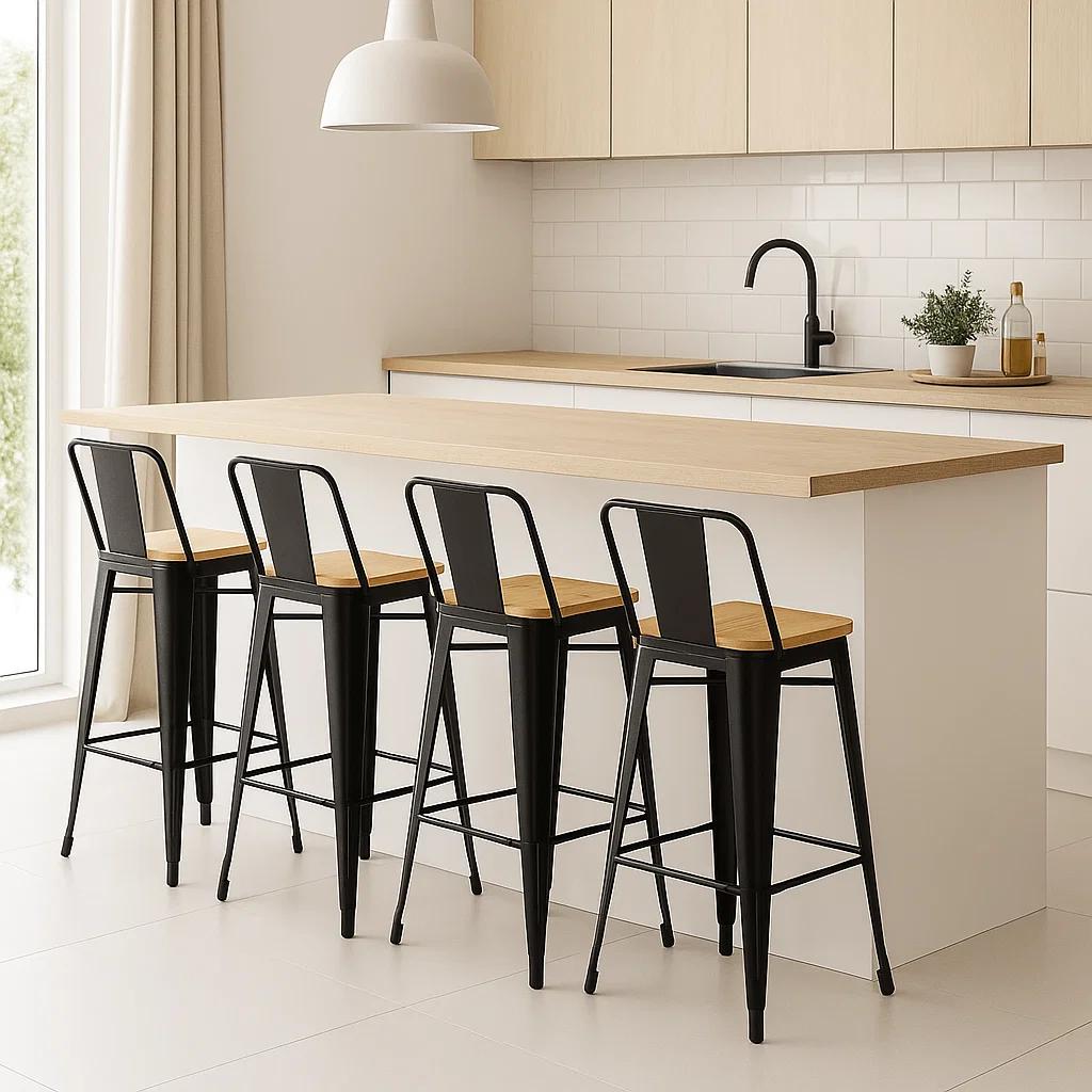 Pack de 4 Taburetes Tolix Con Asiento De Madera Clara - Negros