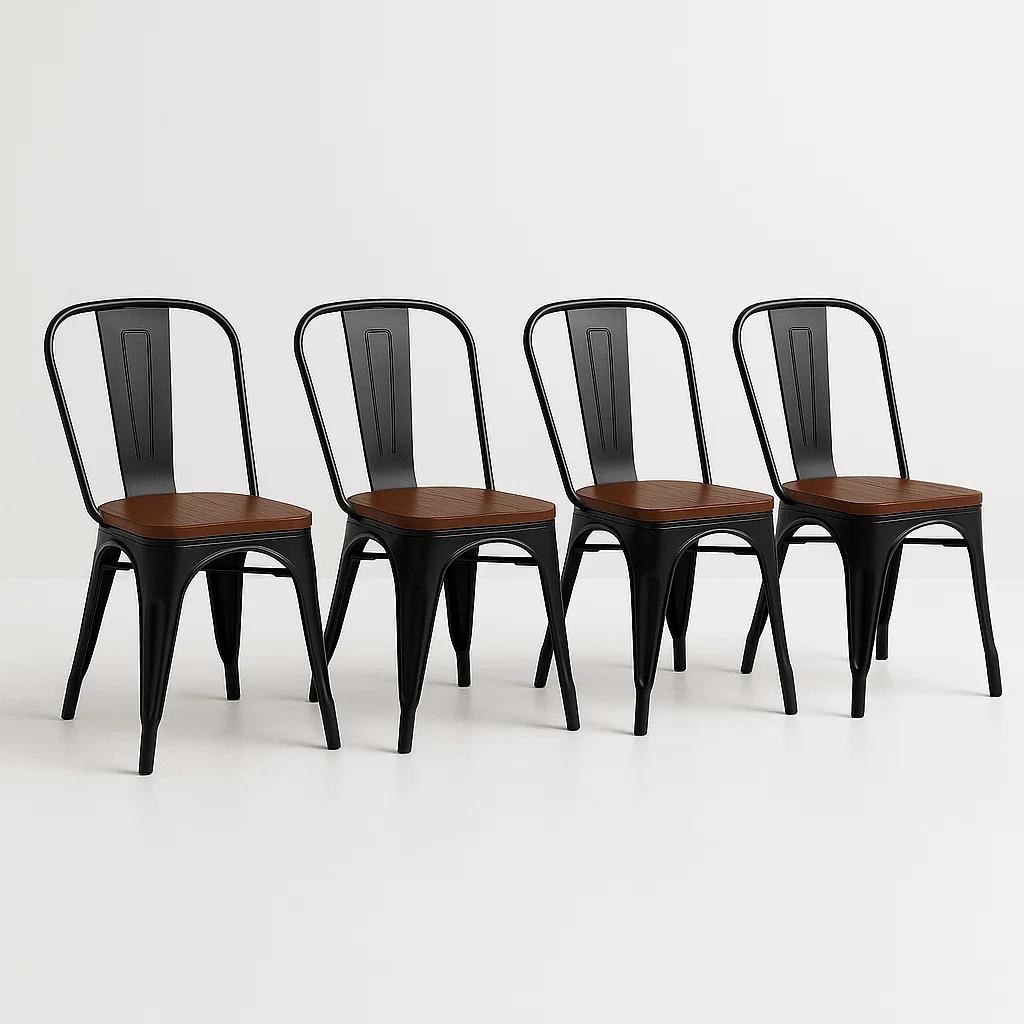 Pack de 4 sillas Tolix con asiento de Madera Oscura Walnut - Negras