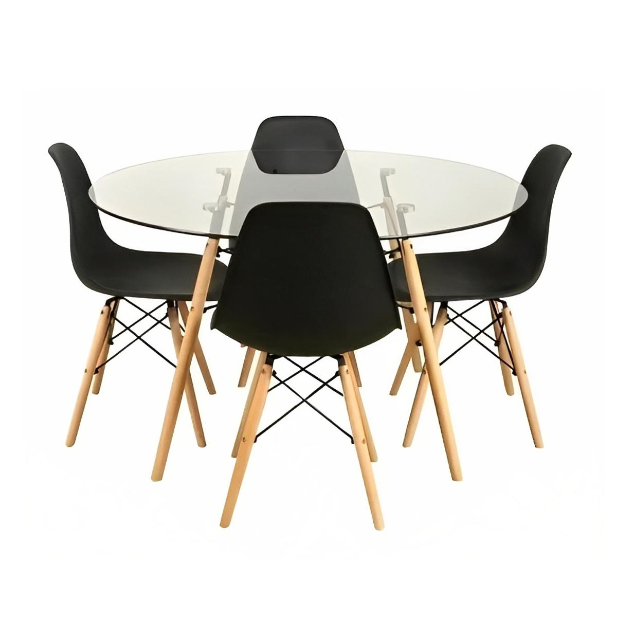 Comedor Mesa Eames Vidrio 100cm + 4 Sillas Eames Negras