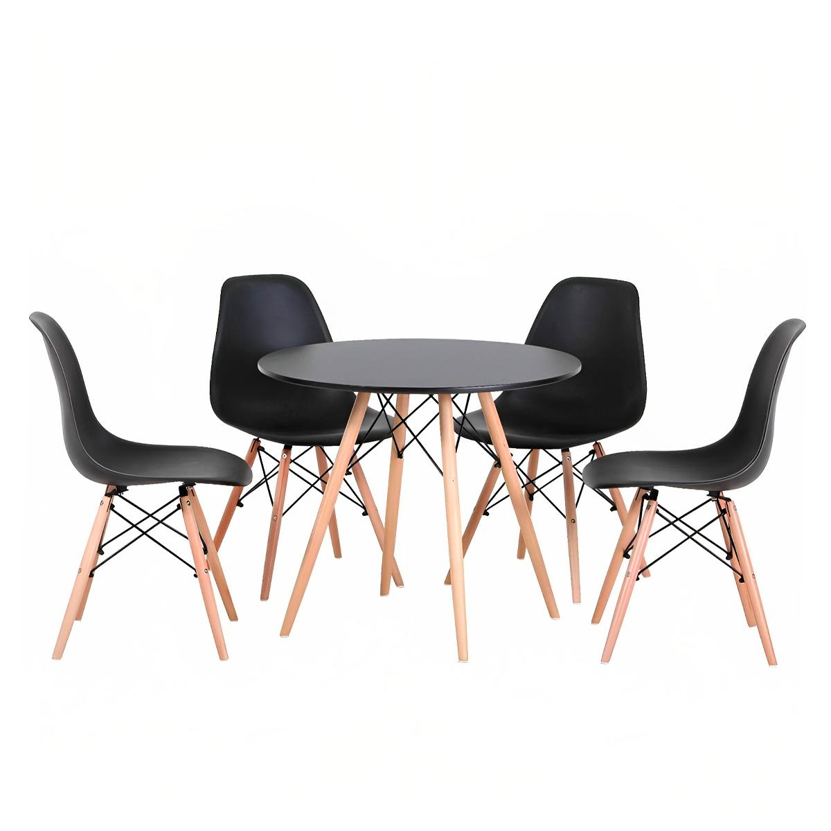 Comedor Mesa Eames Redonda Negra 80cm + 4 Sillas Eames Negra