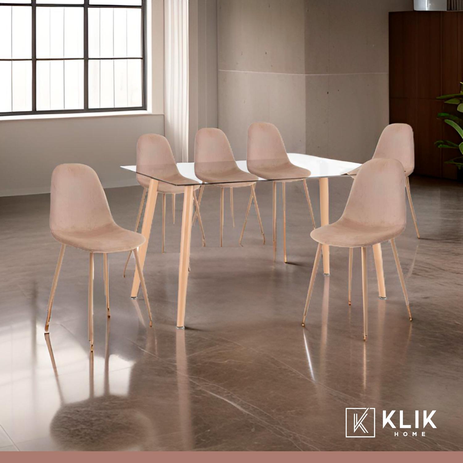 Comedor mesa de vidrio 120x80 + 6 Sillas Spoon Terciopelo beige