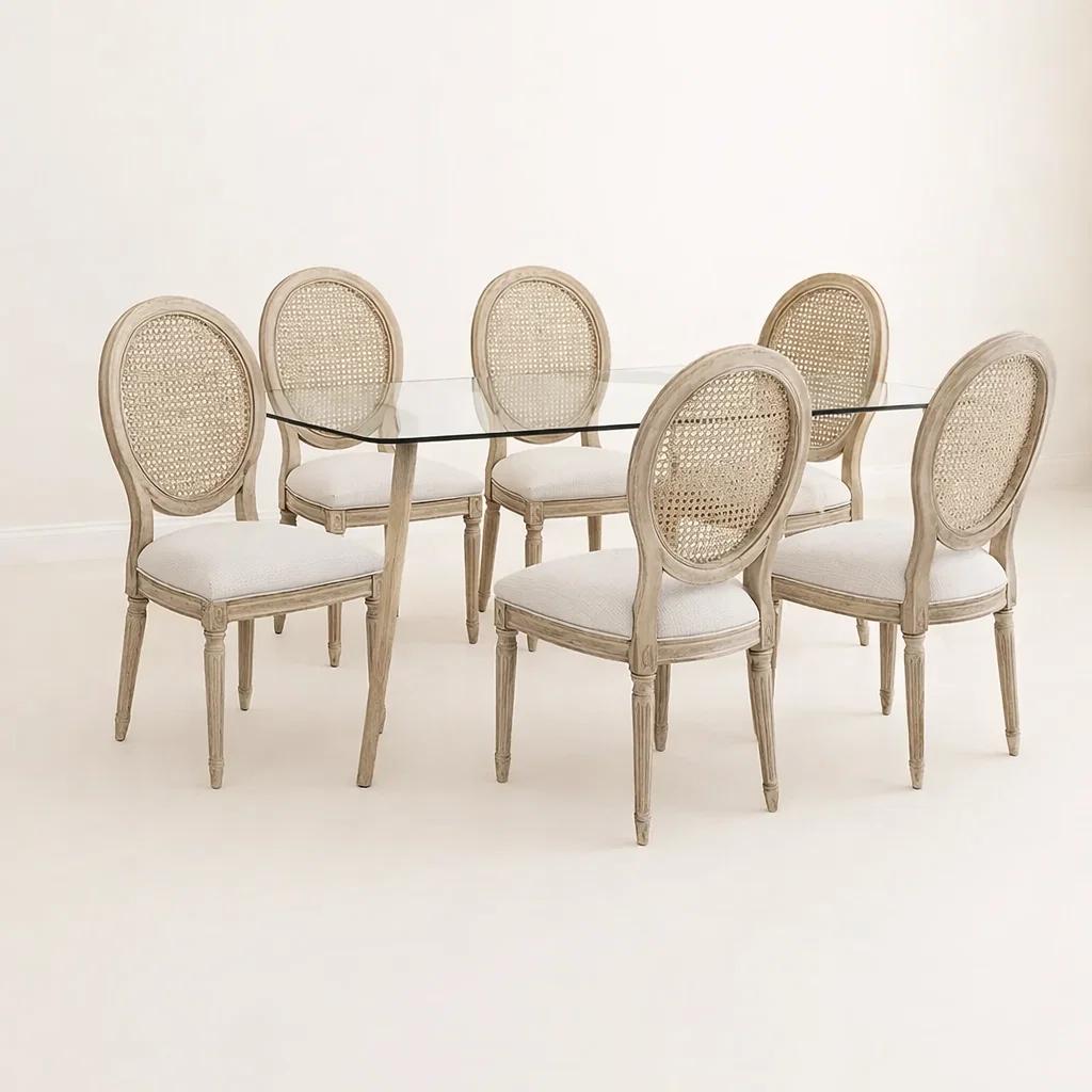 Comedor Mesa de Vidrio Rectangular Nórdica 140x90 cm + 6 Silla de Madera Acolchada Luis XV
