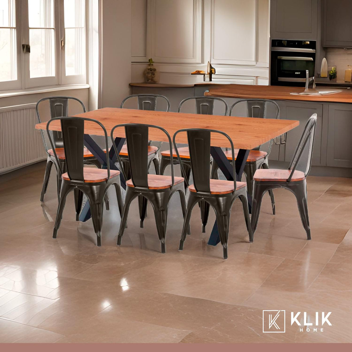 Comedor Color Madera y Metal Cross 180x90 + 8 sillas Tolix con asiento de madera Oscura - Negras