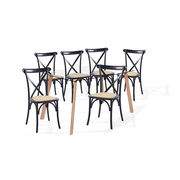 Comedor Mesa de Vidrio Nórdica 140x90cm + 6 sillas Crossback Madera Negras