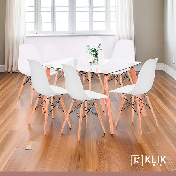 Comedor Mesa de Vidrio Nórdica 140x90 cm + 6 Sillas Eames Blancas