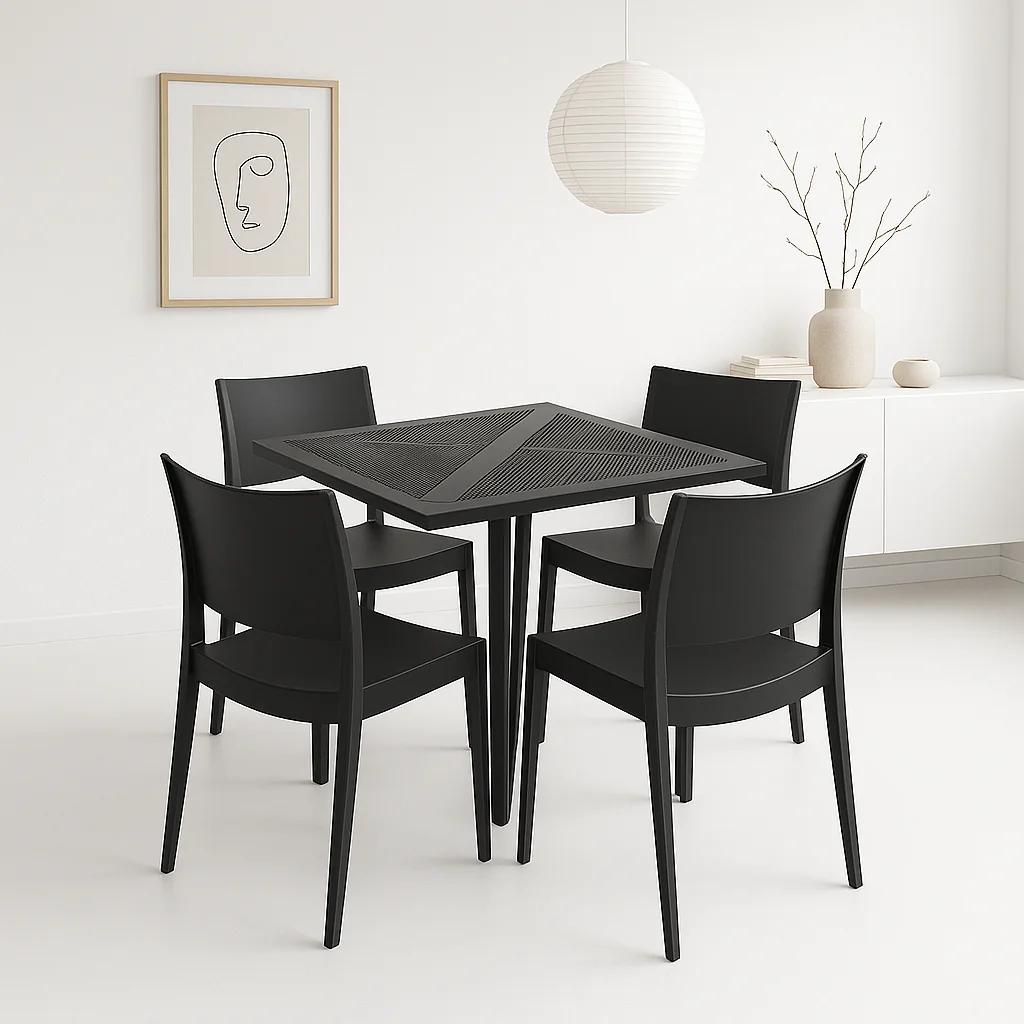 Mesa restaurant 80x80 Polipropileno + 4 Sillas de Restaurante - Negra