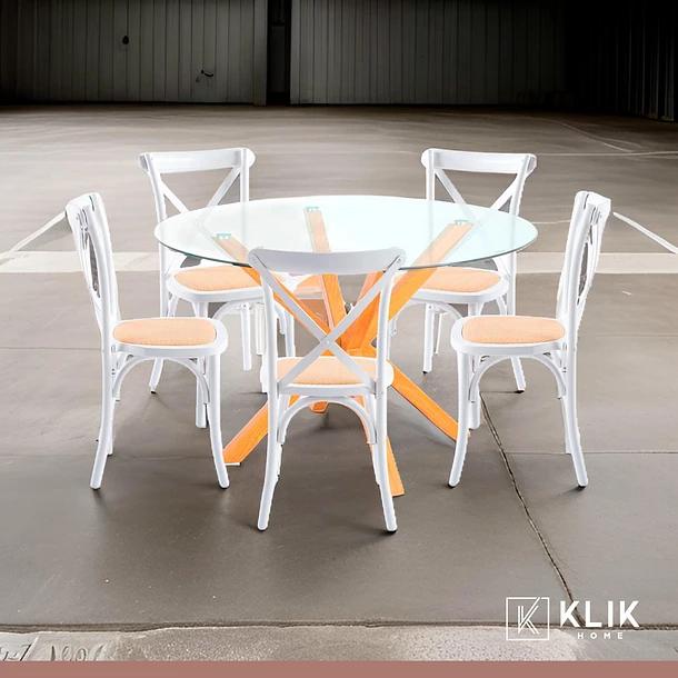 Comedor redonda vidrio Cross 120cm + 5 Silla Crossback Madera Blanca