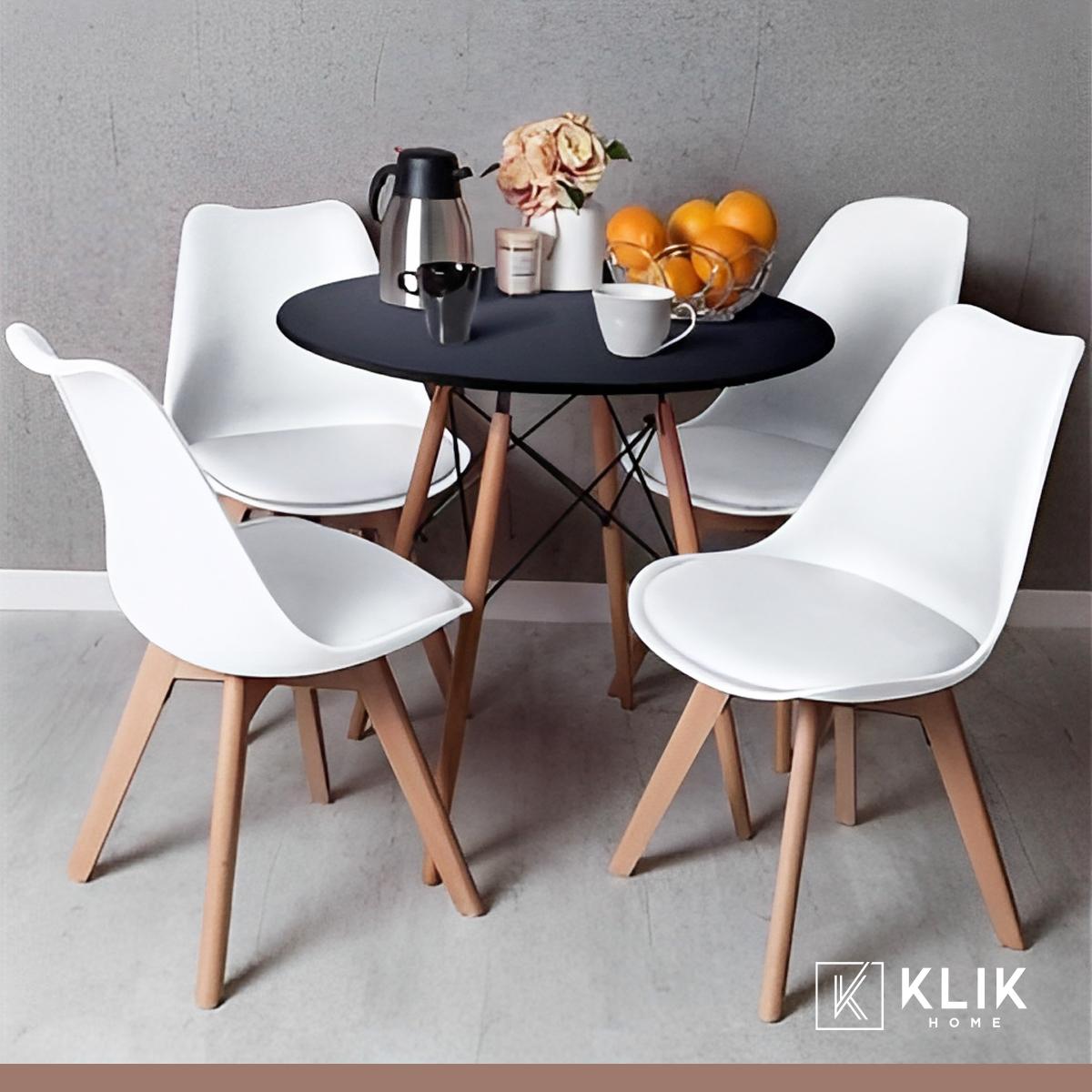Comedor Mesa Eames Negra Redonda 80cm + 4 Sillas Tulip Blancas
