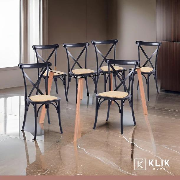 Comedor Mesa de Vidrio Nórdica 140x90cm + 6 sillas Crossback Madera Negras