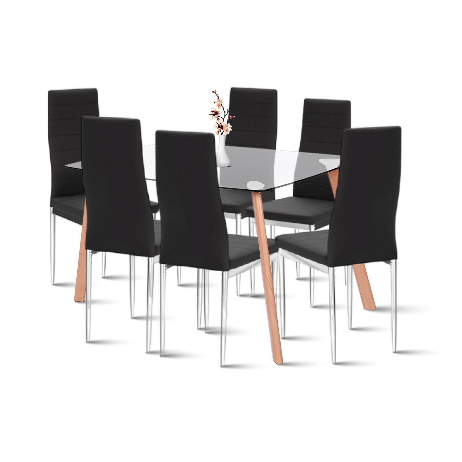 Comedor Mesa de Vidrio Rectangular 140x90cm + 6 Sillas Dining Liana Acolchadas - Negras