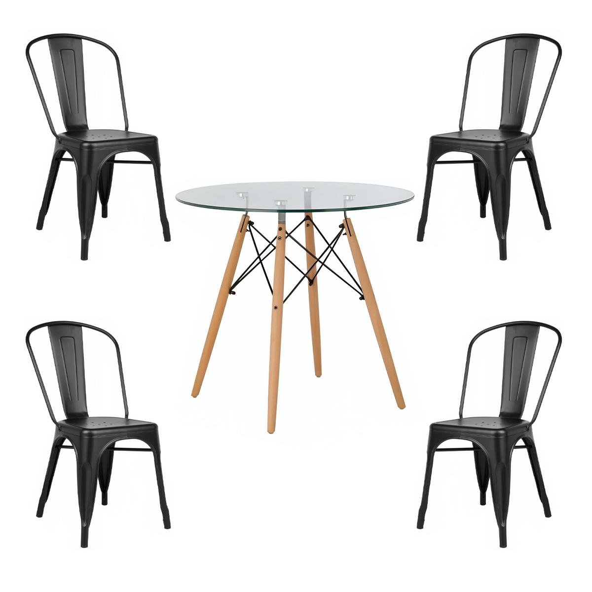 COMEDOR MESA REDONDA VIDRIO 80CM + 4 SILLAS TOLIX NEGRAS