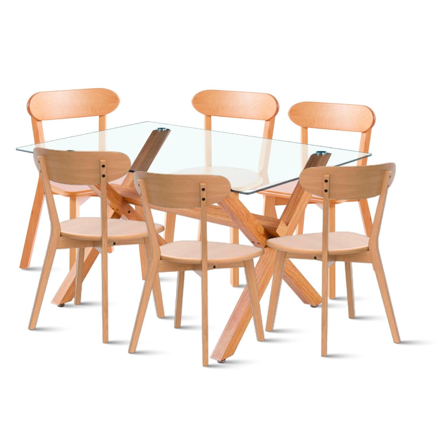 Comedor de Vidrio Cross 140x90cm + 6 Sillas Fresno de Madera
