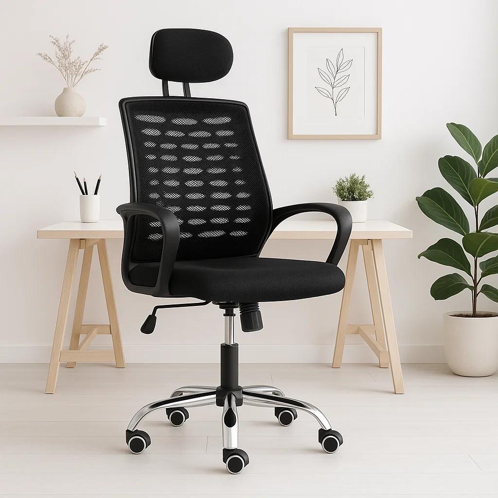 Silla oficina simply mesh negra con apoyabrazos y cabeza